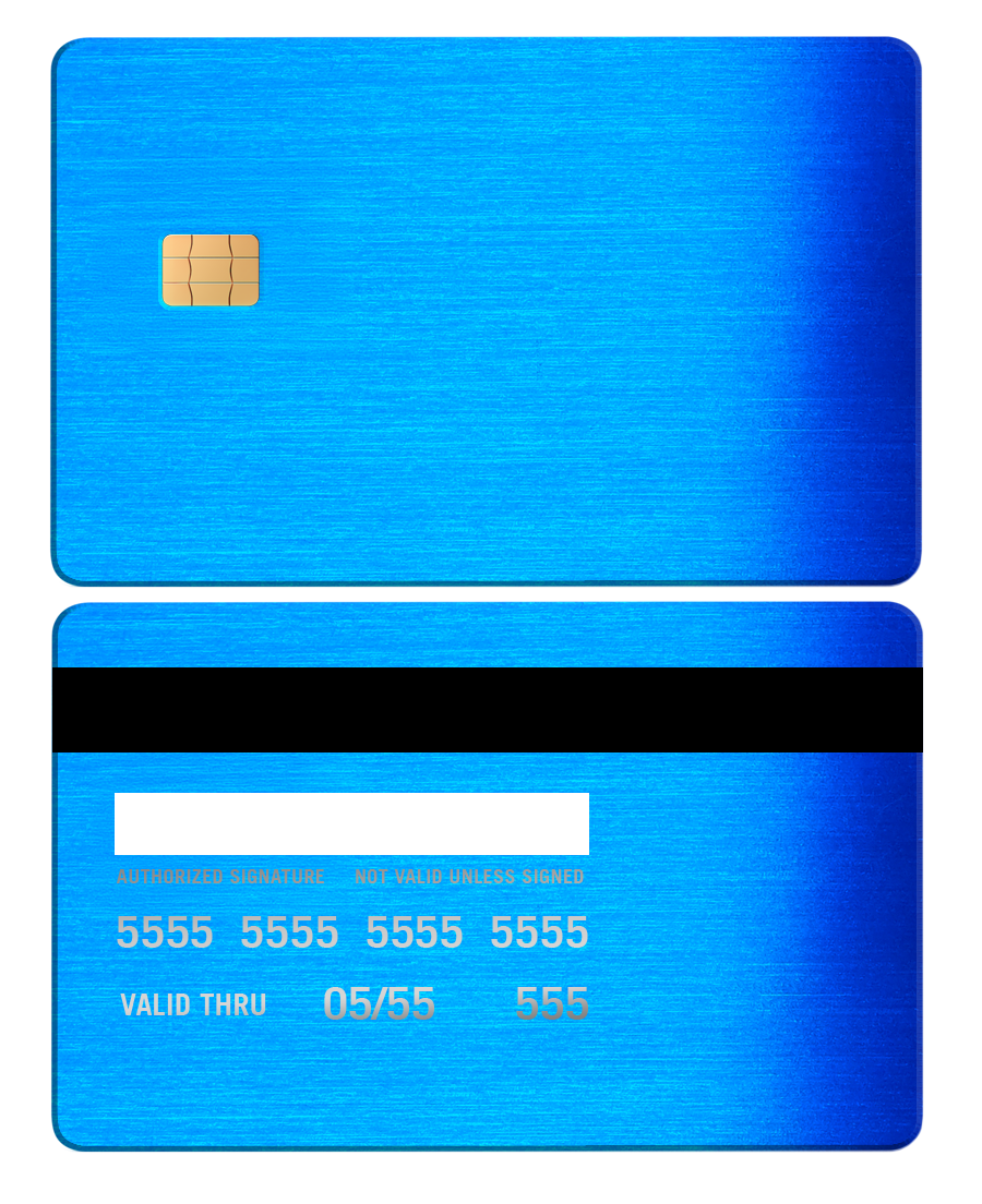 Brushed blue metal card with chip, magnetic stripe, and laser-engraved card details.
