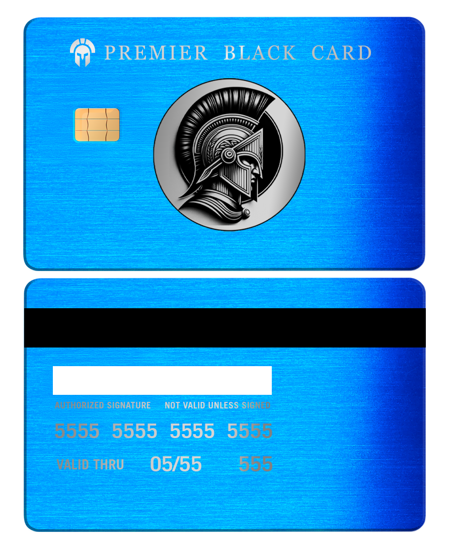 Brushed blue metal credit card with Spartan helmet, Premier Black Card branding, and chip