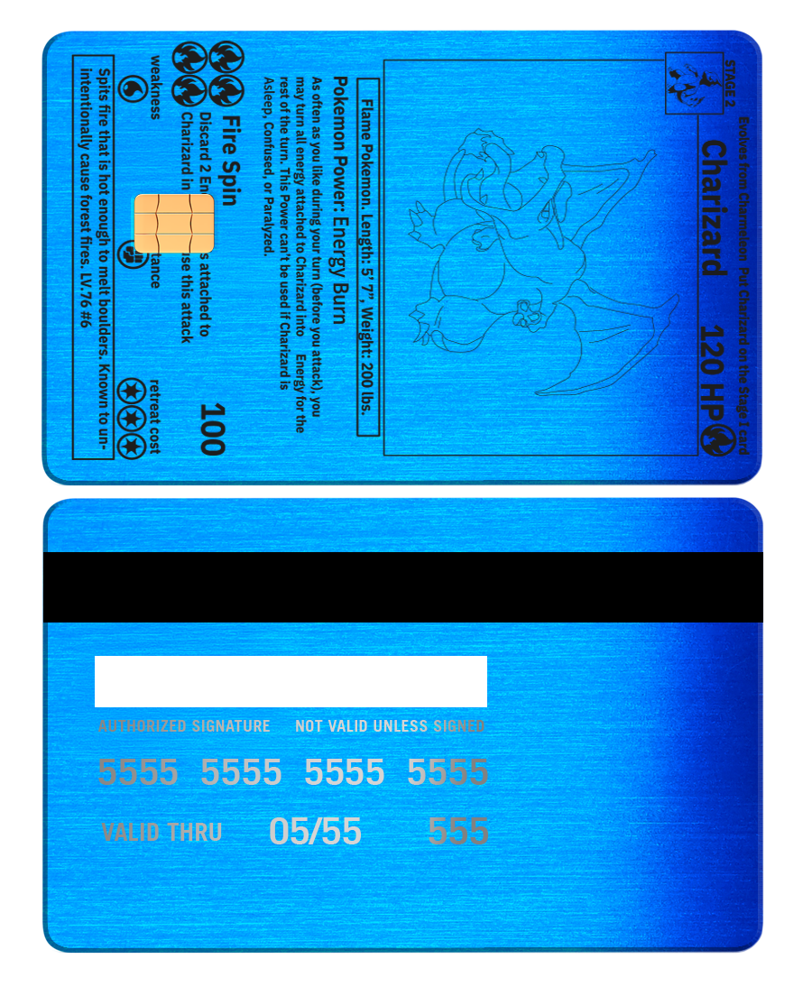 Brushed blue metal card with Charizard design, chip, and credit card details, collectible card