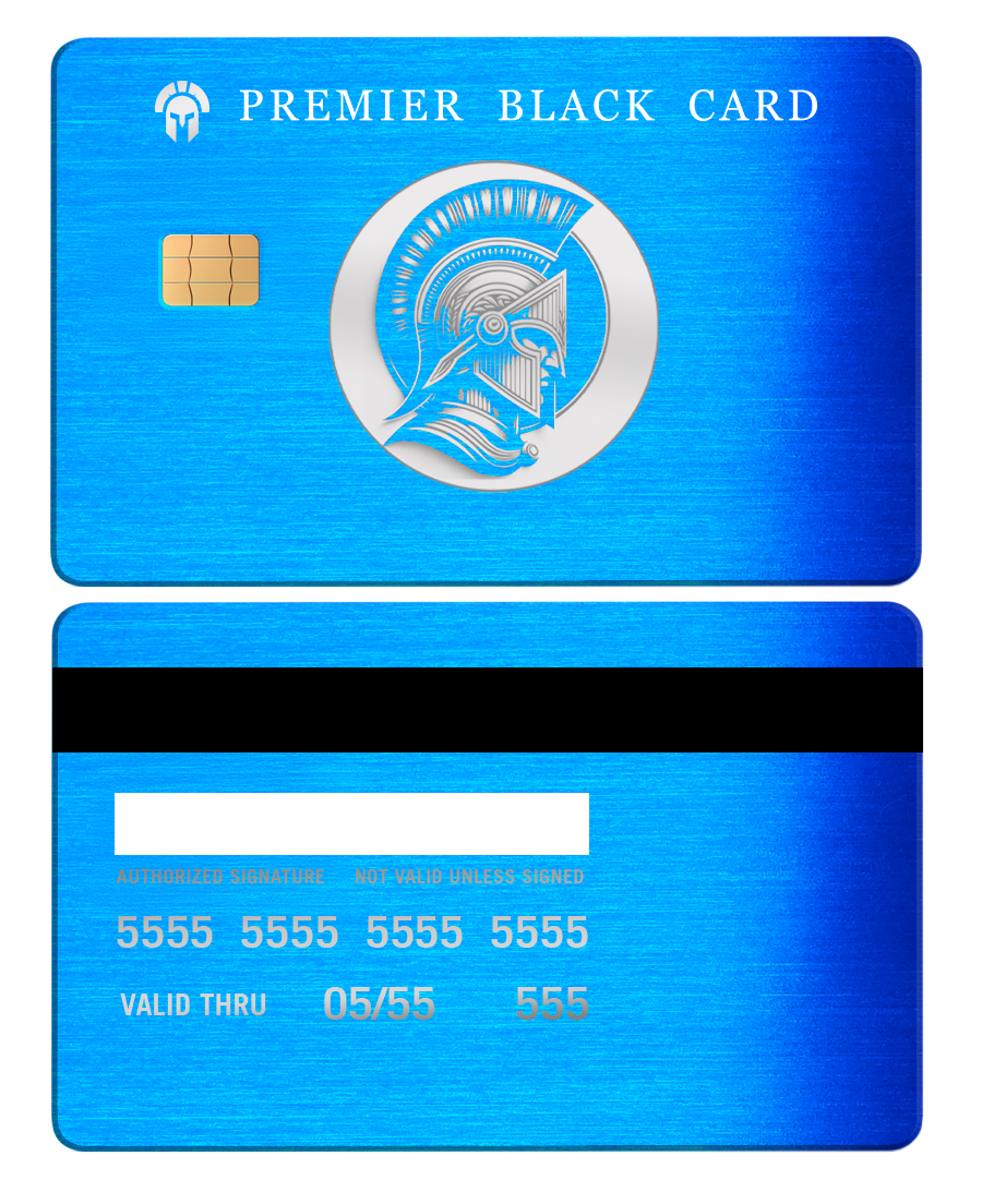 Brushed blue metal card with chip, Premier Black Card logo, and Roman helmet emblem