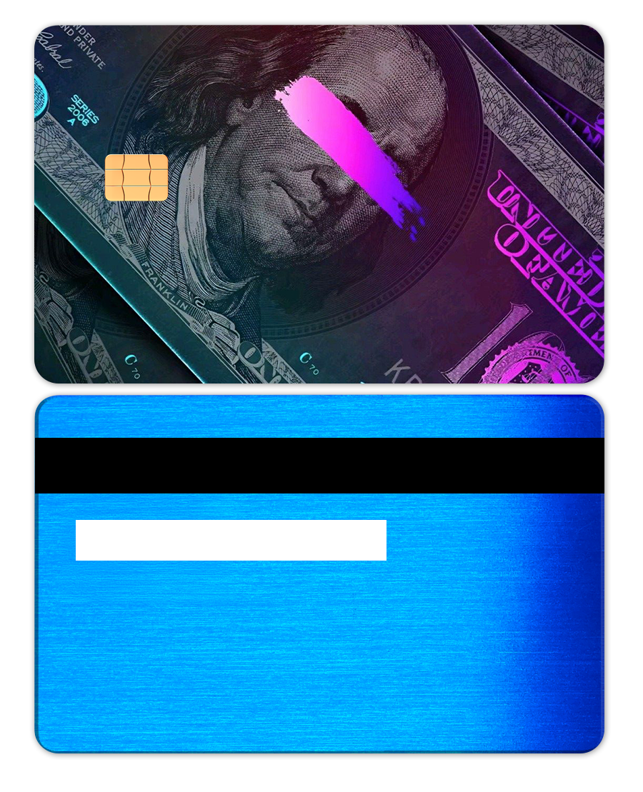 Brushed blue metal card with money design, pink stripe, and chip, premium credit card.