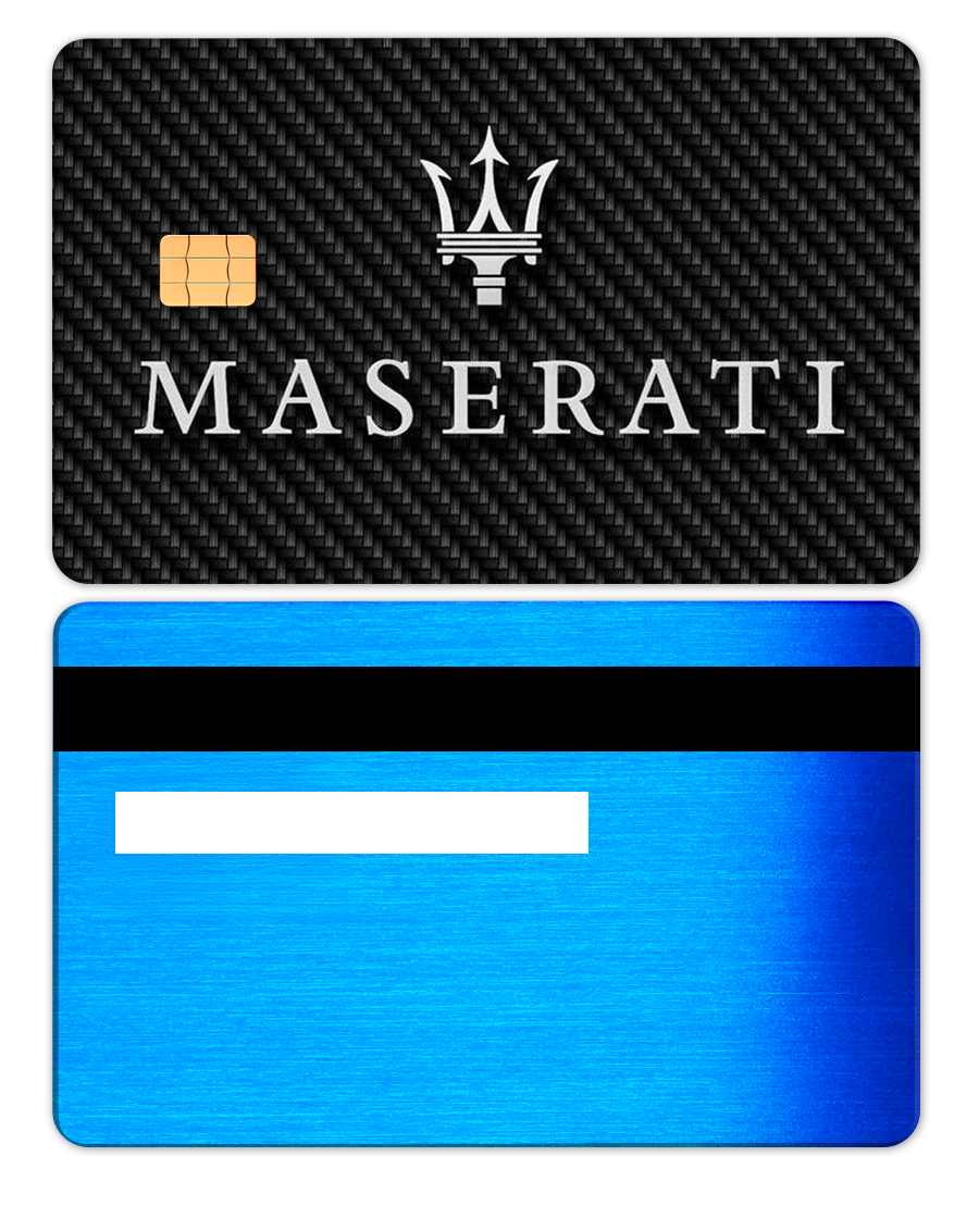 Brushed blue metal card with Maserati logo, chip, and carbon fiber texture