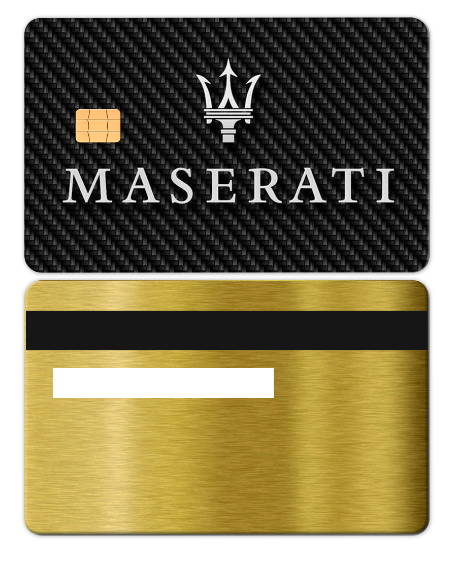Brushed gold metal card with chip, Maserati logo, and black carbon fiber pattern
