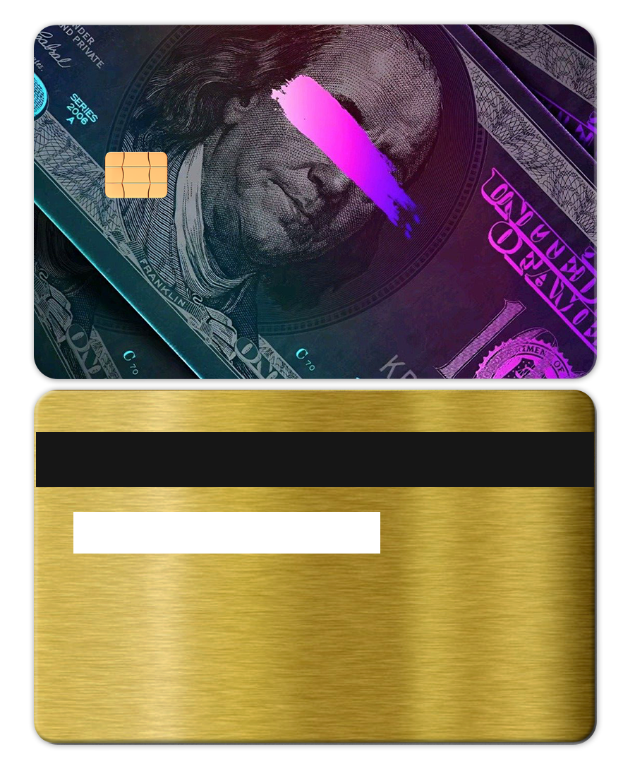 Brushed gold metal card with magnetic stripe and stylized dollar design on front.