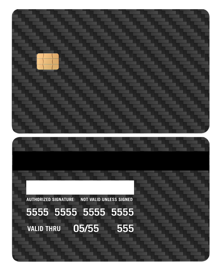 Metal credit card with carbon fiber texture, gold chip, black stripe and printed details