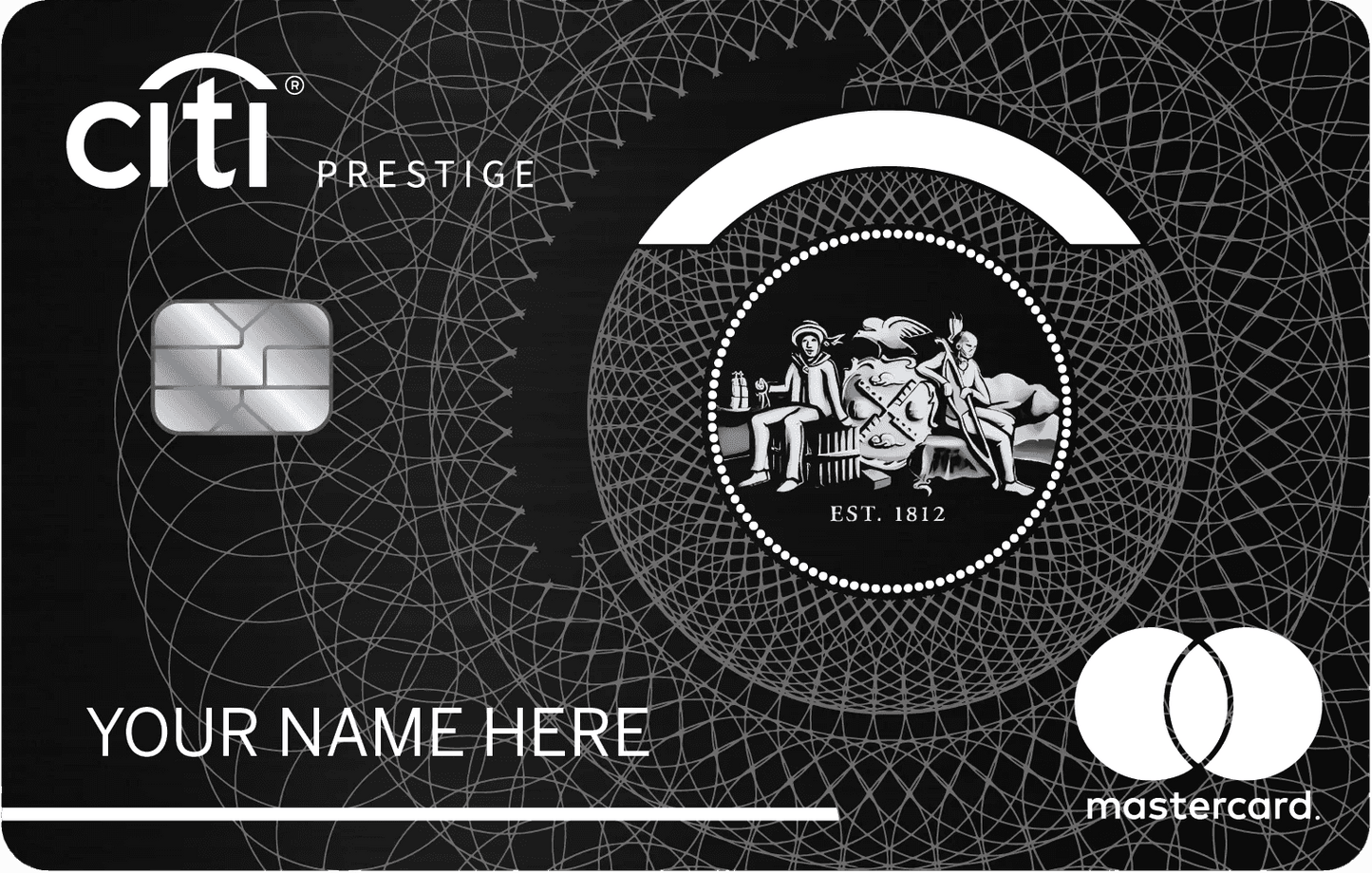 Black metal Citi Prestige Mastercard with chip, ornate silver design, and custom name field.
