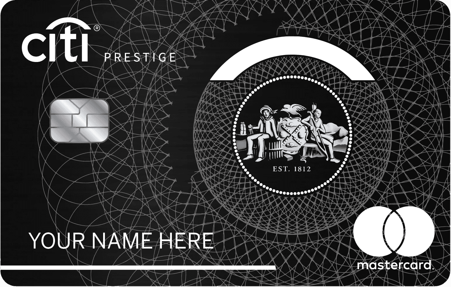 Black metal Citi Prestige Mastercard with chip, ornate silver design, and custom name field.