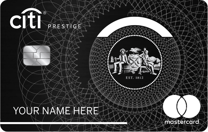 Black metal Citi Prestige Mastercard with chip, ornate silver design, and custom name field.