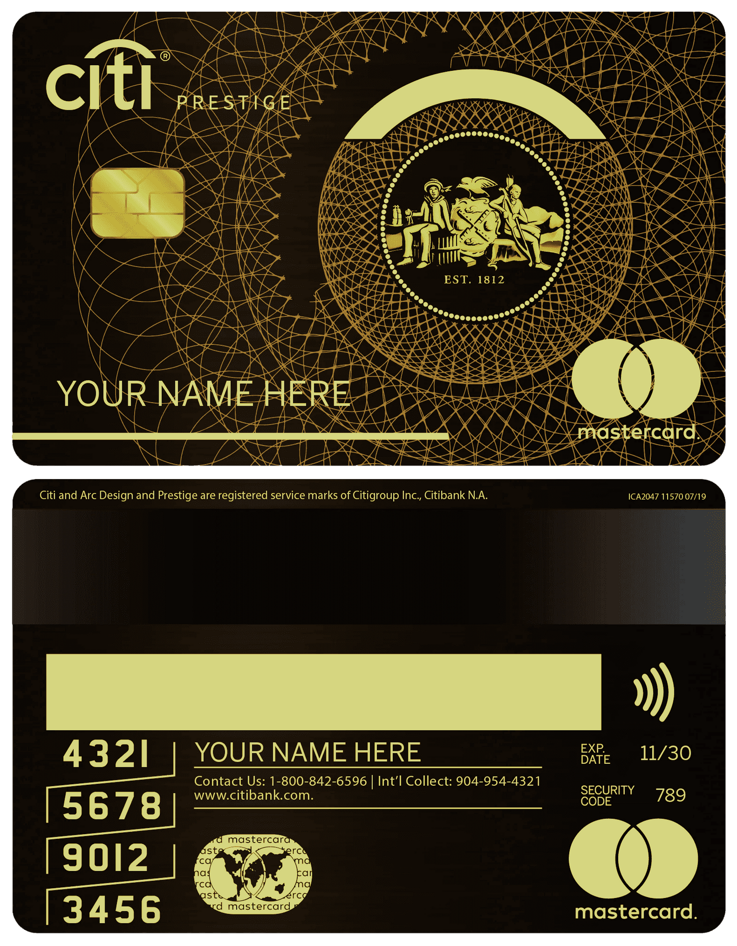 Metal Citibank Prestige Gold Mastercard with intricate gold design, chip, and embossed details