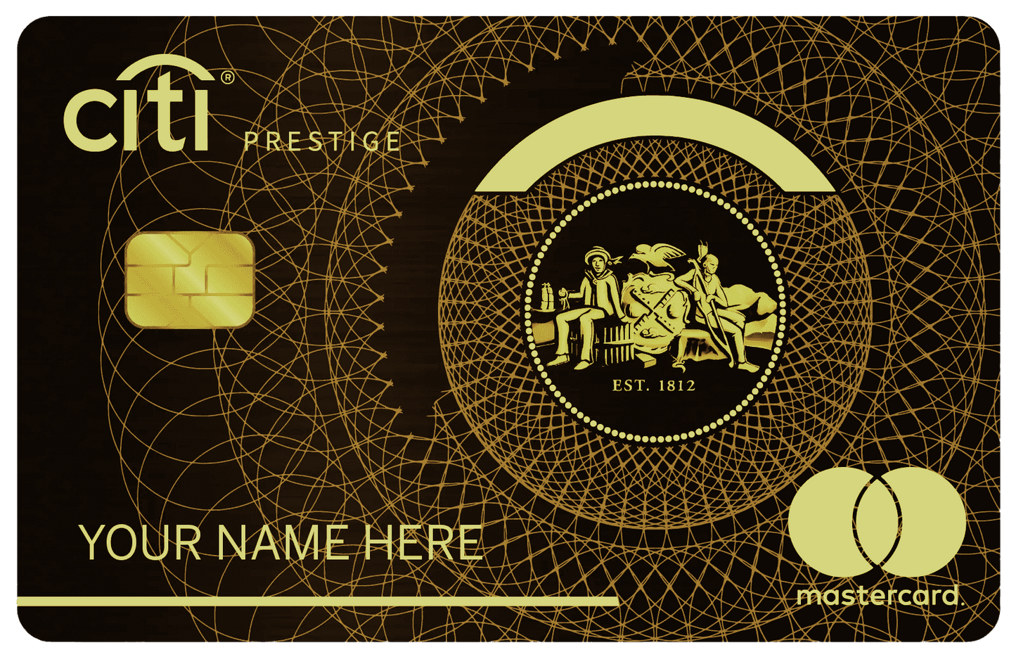 Black and gold metal Citi Prestige Mastercard with ornate design and custom name option.