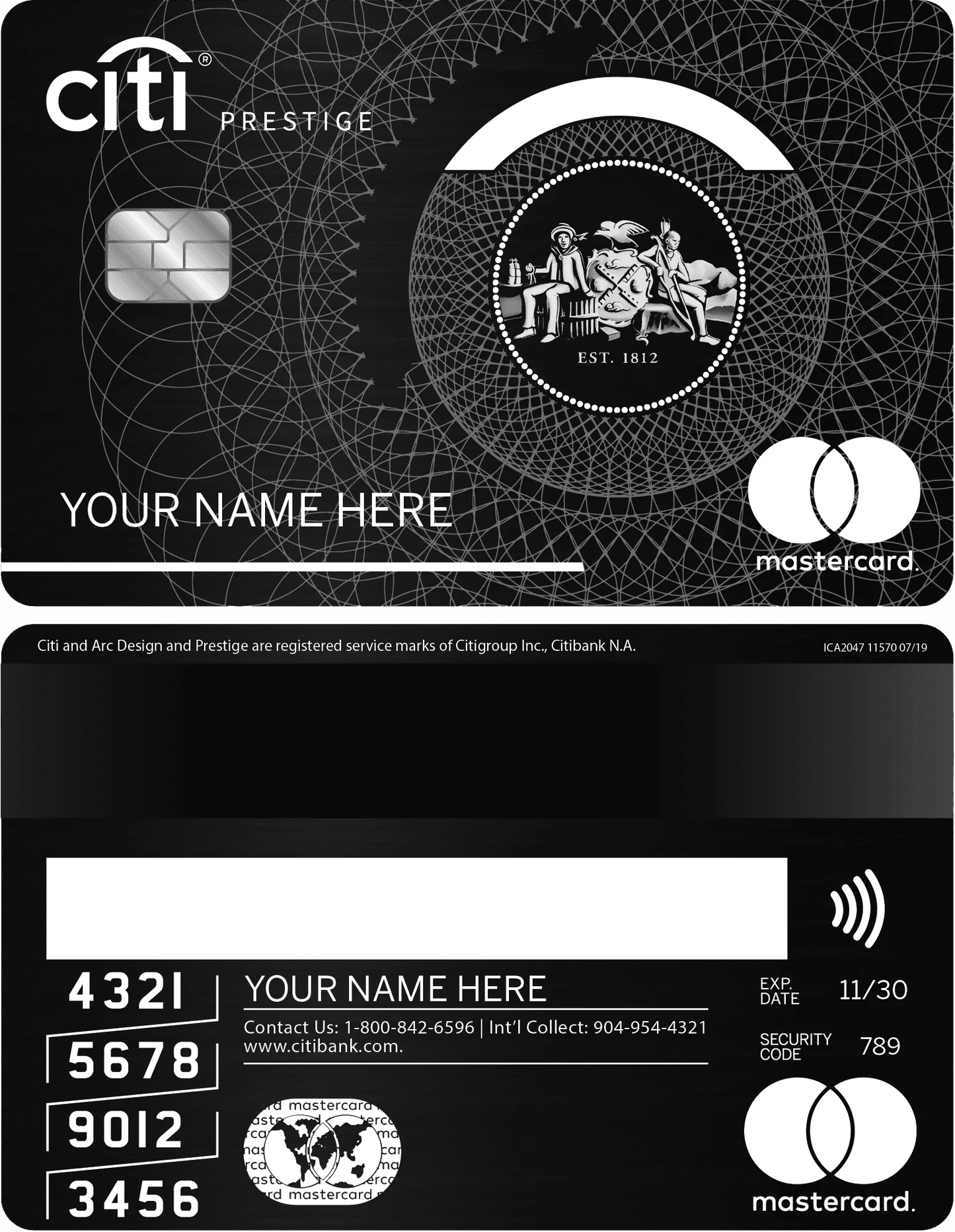 Citi Prestige custom metal credit card with Mastercard logo, chip, and intricate black design