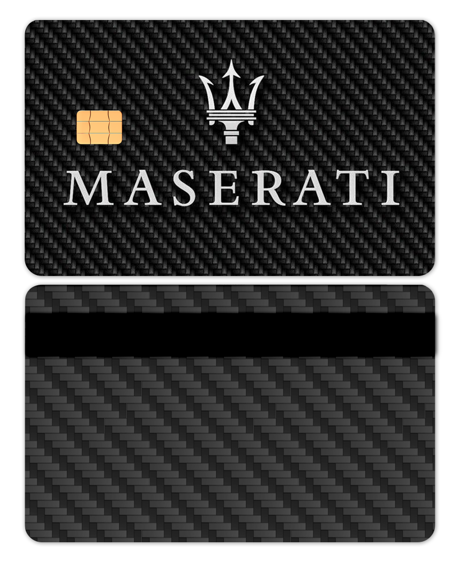 Carbon fiber metal card with Maserati logo and chip, luxury black weave design.