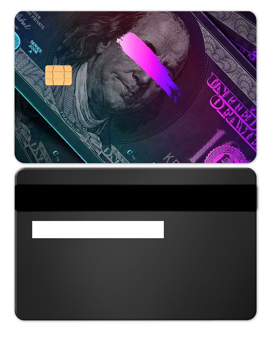 Custom metal card with US dollar design and pink stripe, chip, and magnetic strip