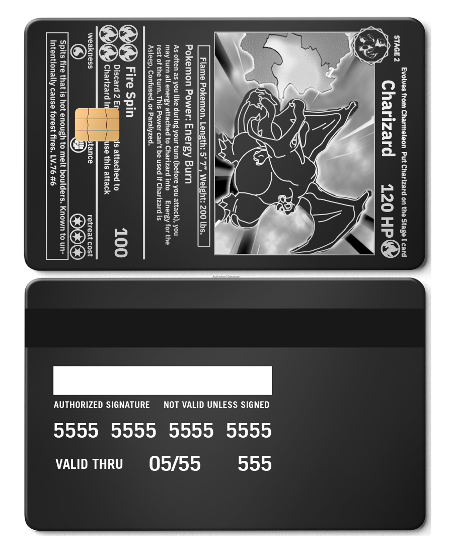 Charizard black metal card with credit card design, Pokemon collectible item