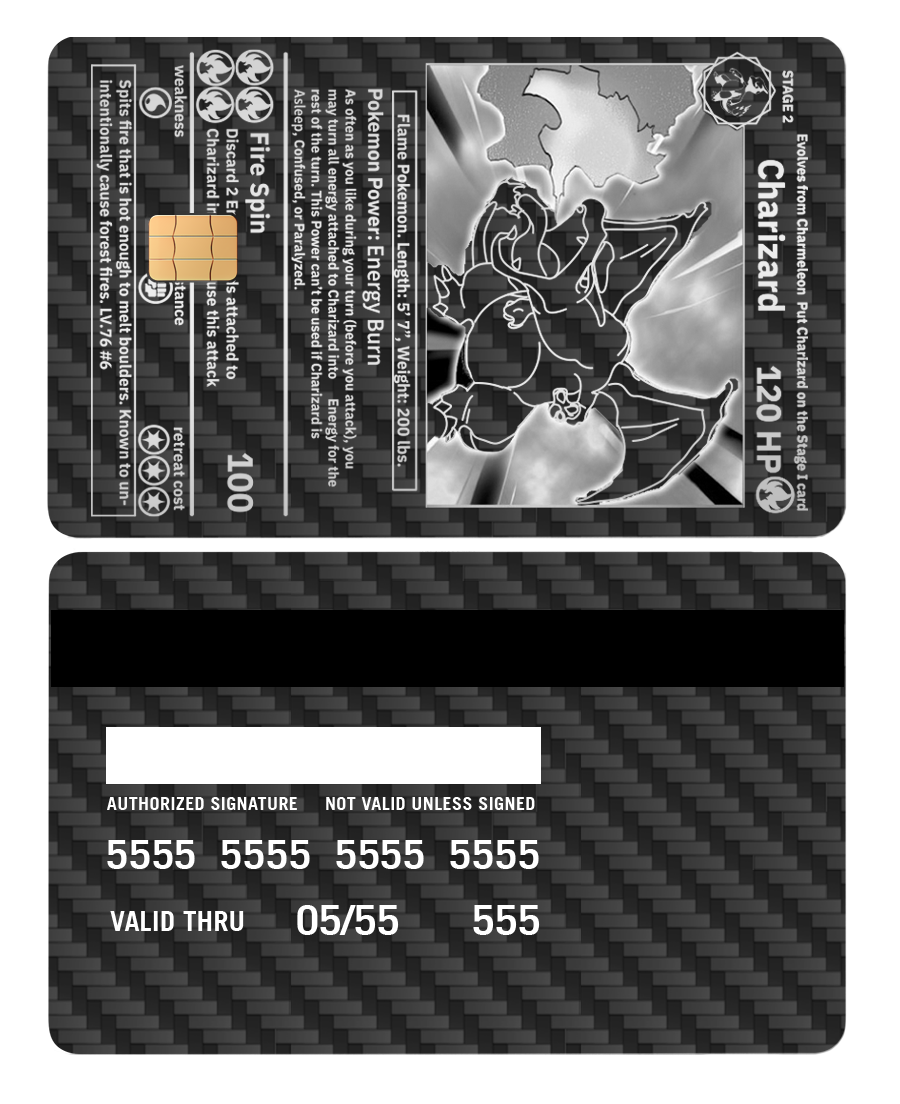 Charizard metal card on black carbon fiber background, Pokémon credit card design