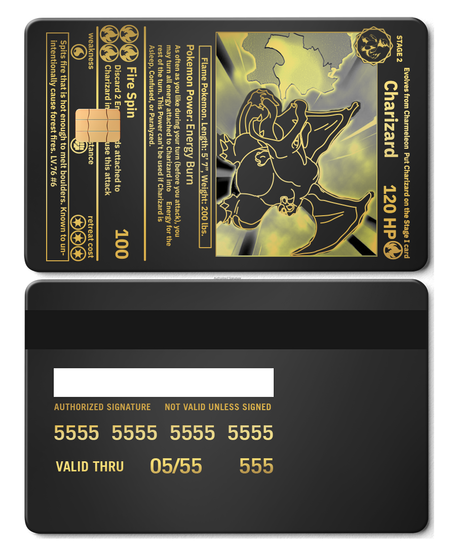 Metal Charizard card with gold brass finish, intricate Pokémon details, and credit card design.