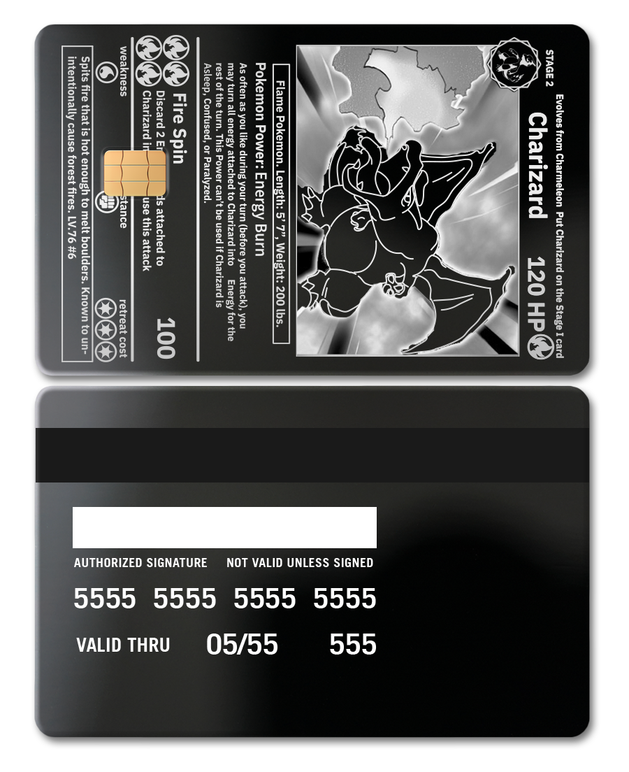Charizard metal card with black mirror finish, credit card design, Pokémon collectible