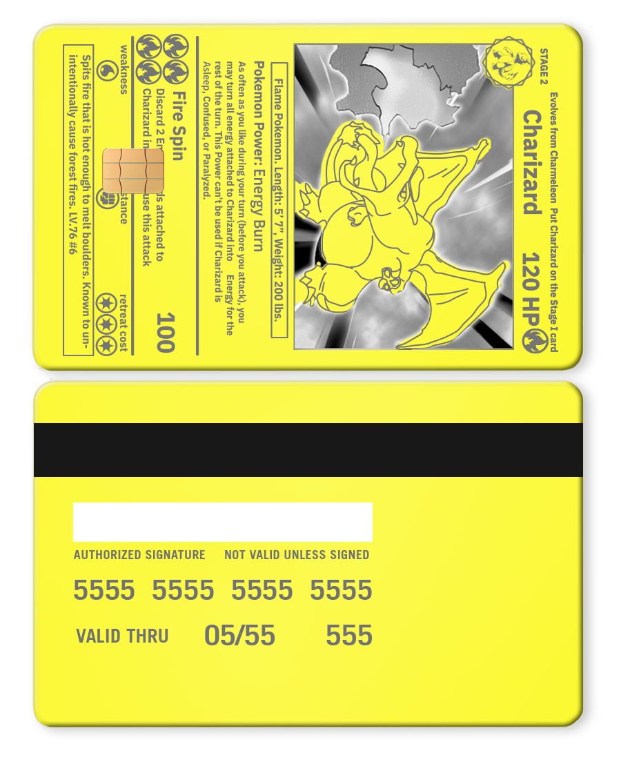 Metal Charizard card in neo lime color with trading card and credit card designs.