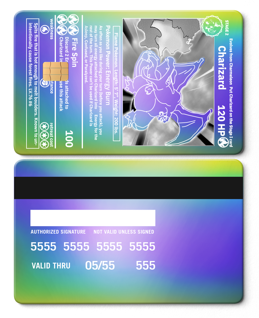 Rainbow chrome metal card featuring Charizard with holographic Pokémon design and credit card back.
