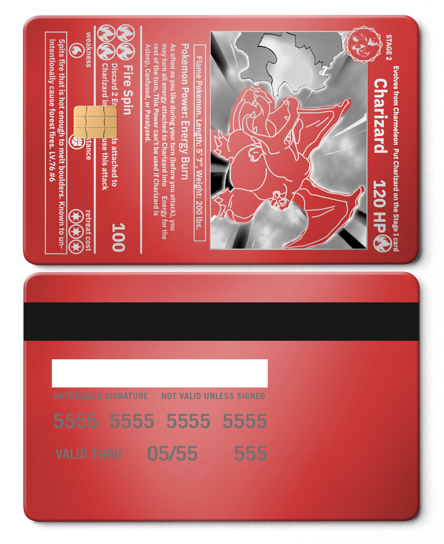 Red metal Charizard card styled like a Pokémon credit card with chip and embossed details