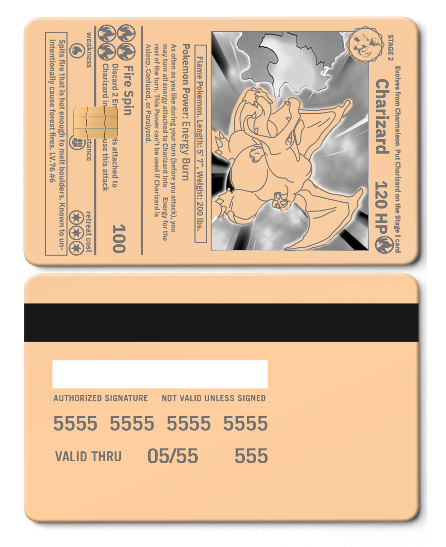 Rose gold metal Charizard card featuring engraved art and card details, credit card style.