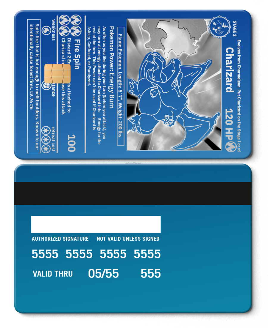 Sapphire blue Charizard metal card with etched design, credit card style, collectible item
