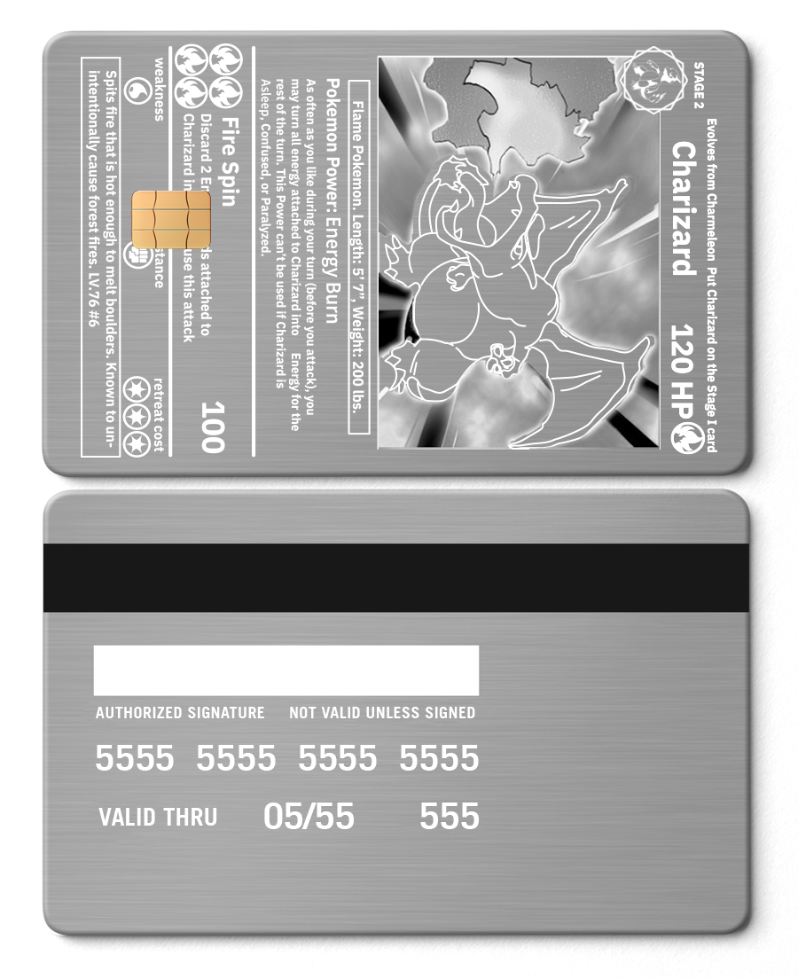 Charizard silver metal card with embossed design and credit card details