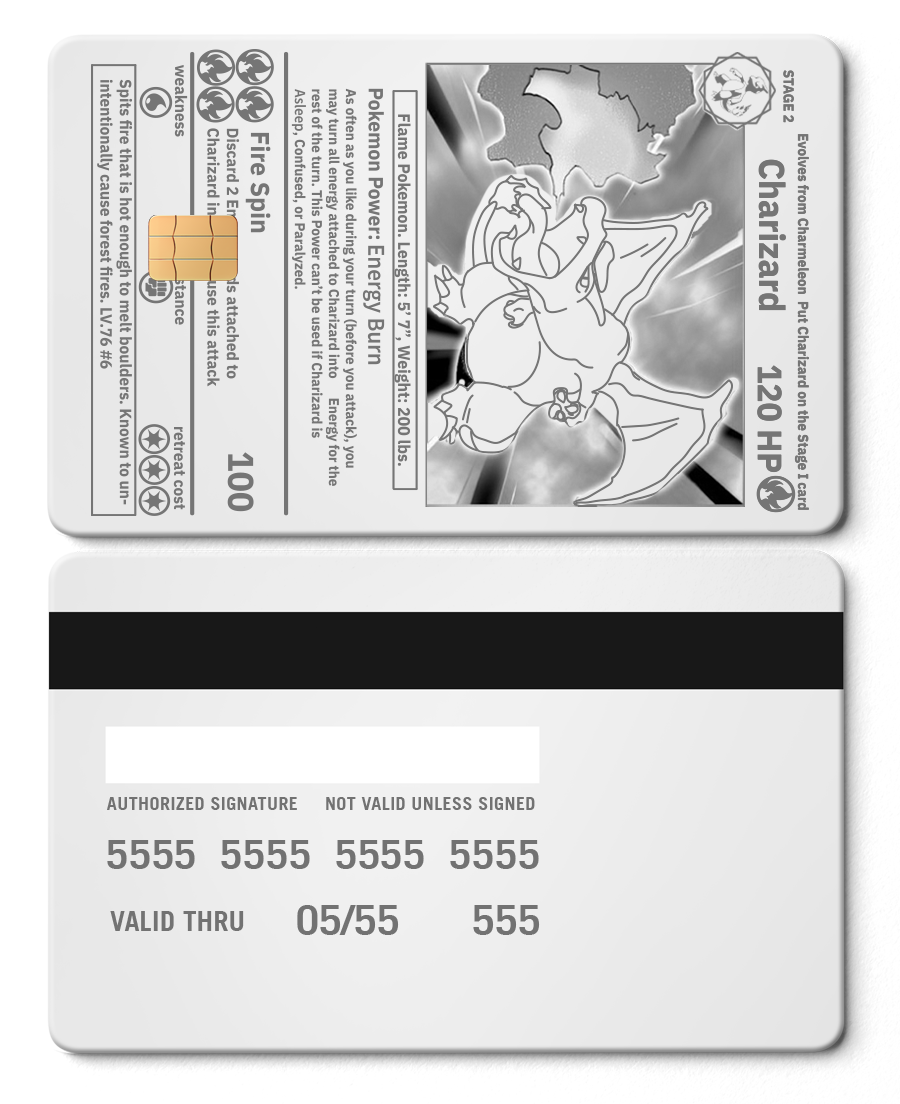 Metal Charizard card styled as a Pokémon trading card and credit card combo, front and back.