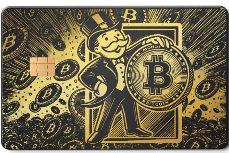 Metal card featuring cartoon capitalist holding bitcoin coin with gold bitcoin symbols background