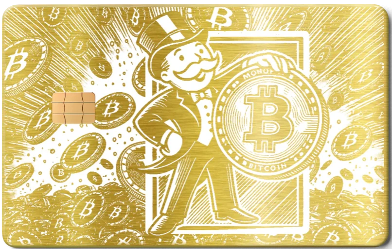 Brushed gold metal card featuring a Monopoly-style man and Bitcoin coins design