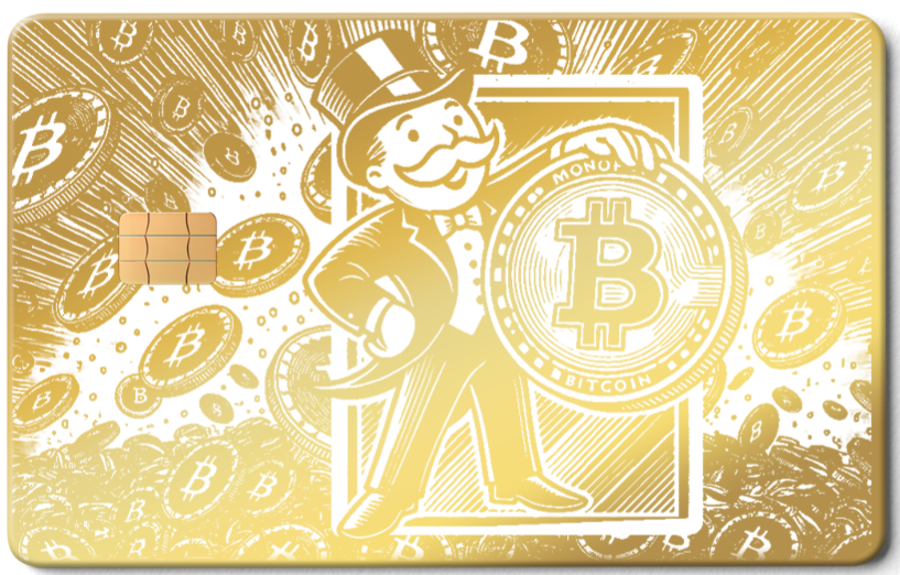 Gold metal card featuring a cartoon capitalist with Bitcoin coins and chip design