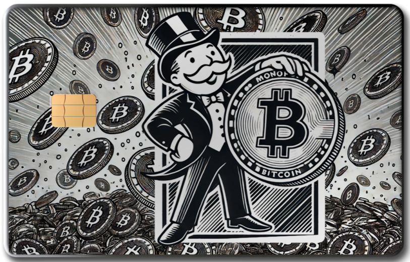 Metal card featuring Monopoly-style capitalist holding a Bitcoin coin with Bitcoin symbols.