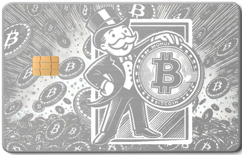 Silver metal card with Monopoly-style character holding Bitcoin, crypto design, card chip