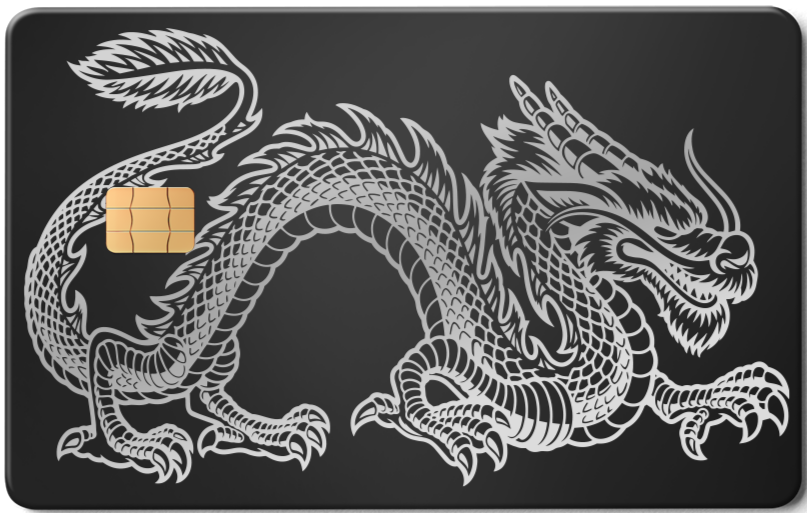 Black metal card with engraved silver dragon design and chip