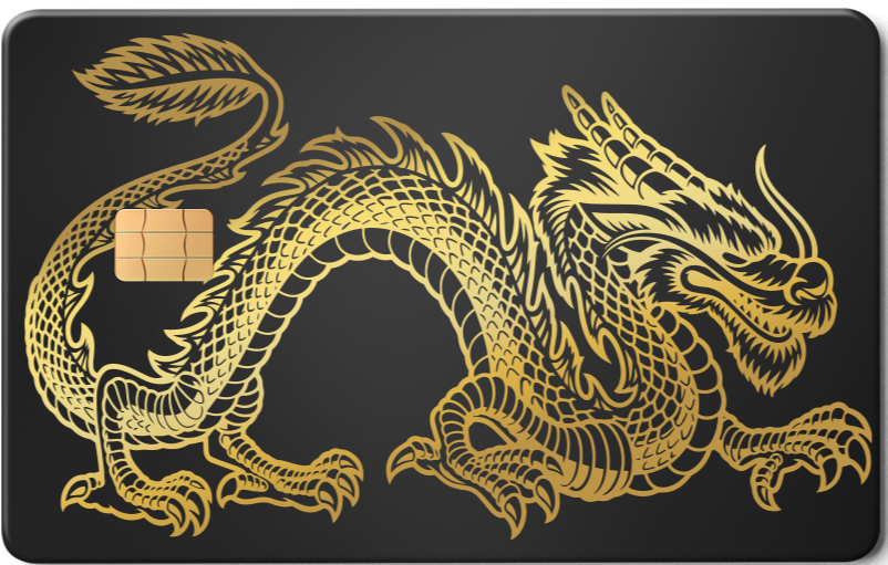 Metal card with gold dragon design on black background, featuring a chip