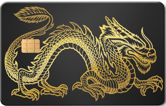 Metal card with gold dragon design on black background, featuring a chip