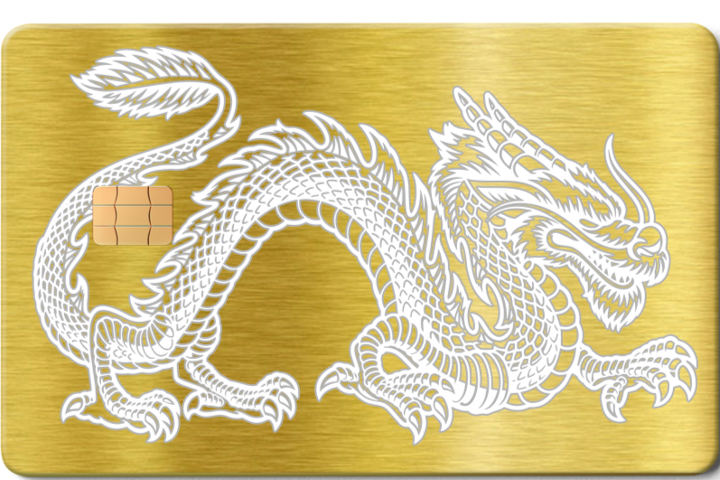 Brushed gold metal card with intricate white dragon design and chip