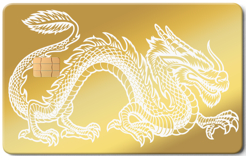 Gold metal card with embossed white dragon design and chip, luxury credit card