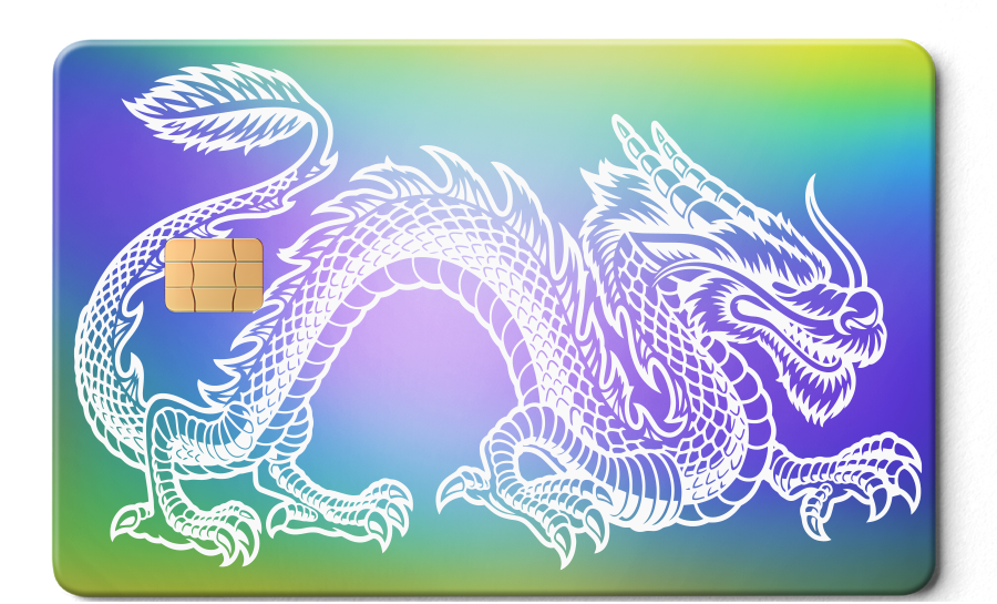 Metal card with white dragon design on rainbow chrome background, chip on left side