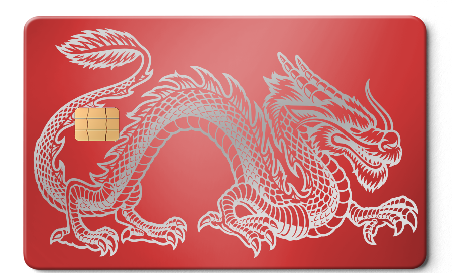 Red metal card with silver dragon design and gold chip