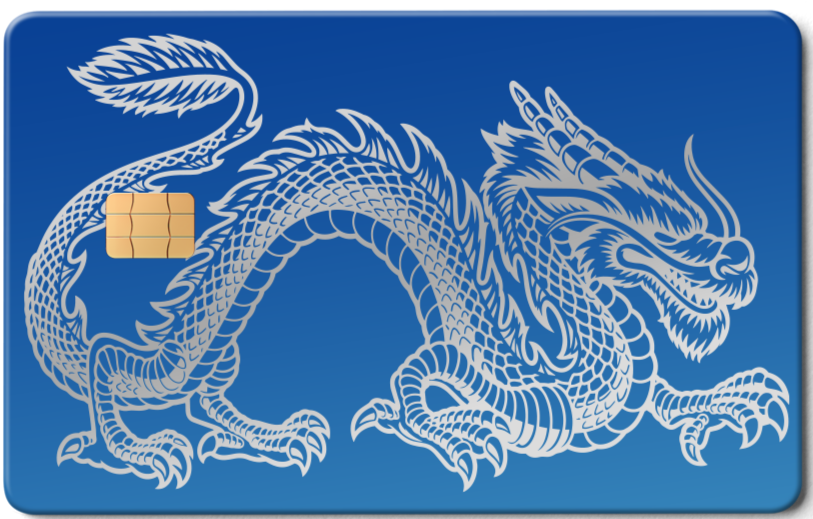 Sapphire blue metal card with silver dragon design and chip on left side