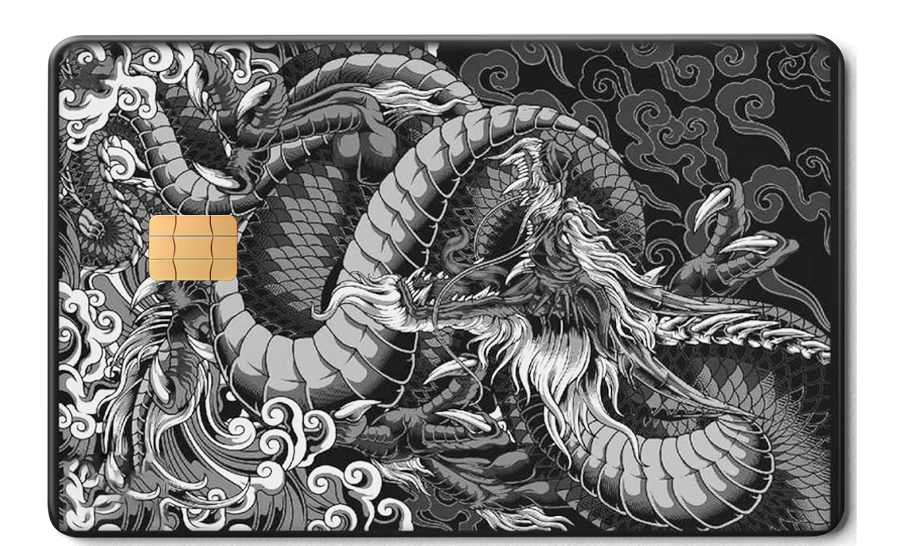 Black metal card with intricate eastern dragon engraving and swirling clouds design