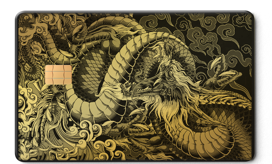 Brass metal card featuring an intricate Eastern dragon design with swirling clouds