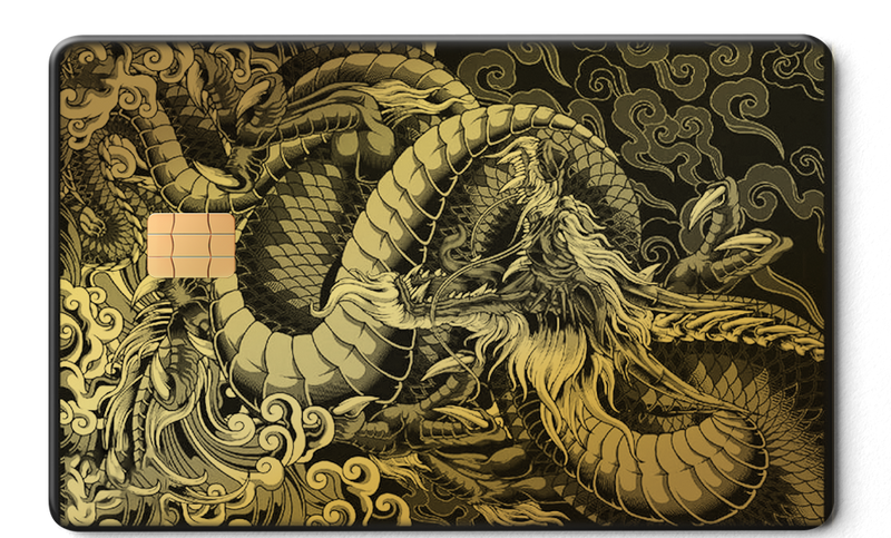 Brass metal card featuring an intricate Eastern dragon design with swirling clouds