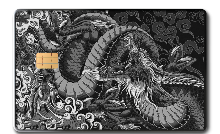 Black metal card with intricate silver dragon design and swirling cloud patterns