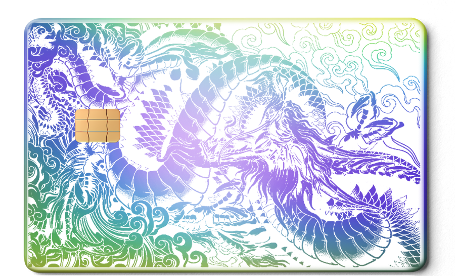 Rainbow chrome metal card with intricate dragon artwork and chip, decorative metal card