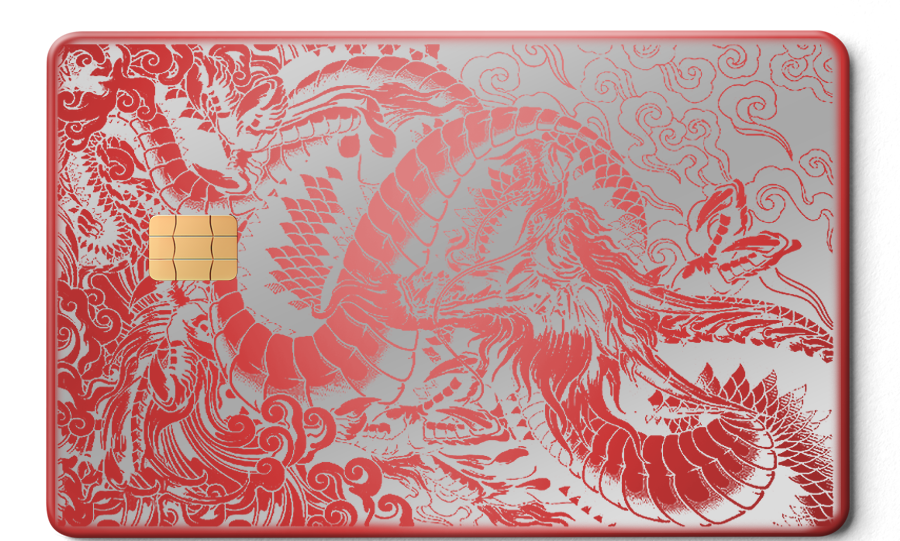 Metal card with intricate red dragon design, clouds, and gold chip on a silver background