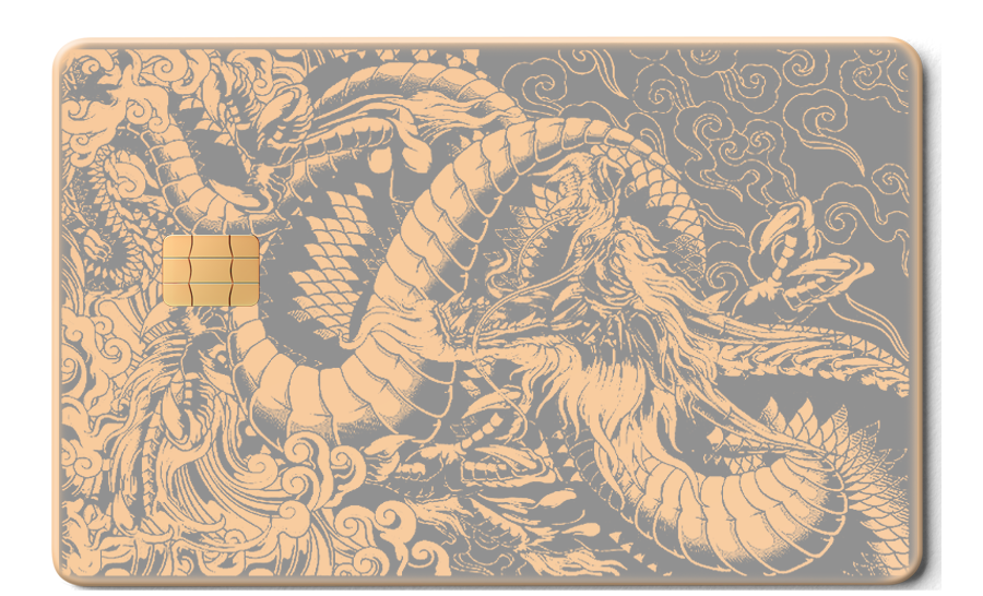 Rose gold metal card featuring intricate dragon design and EMV chip