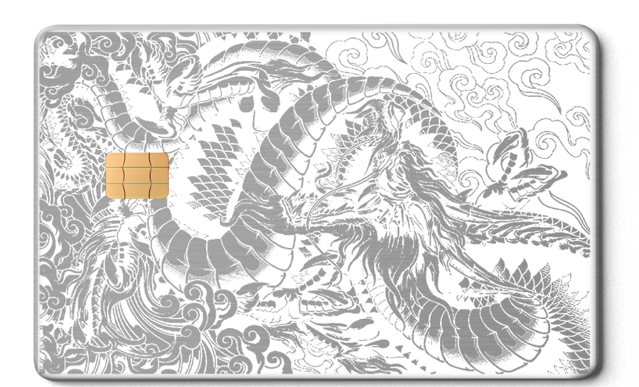 Silver metal card featuring intricate dragon engraving with clouds and chip