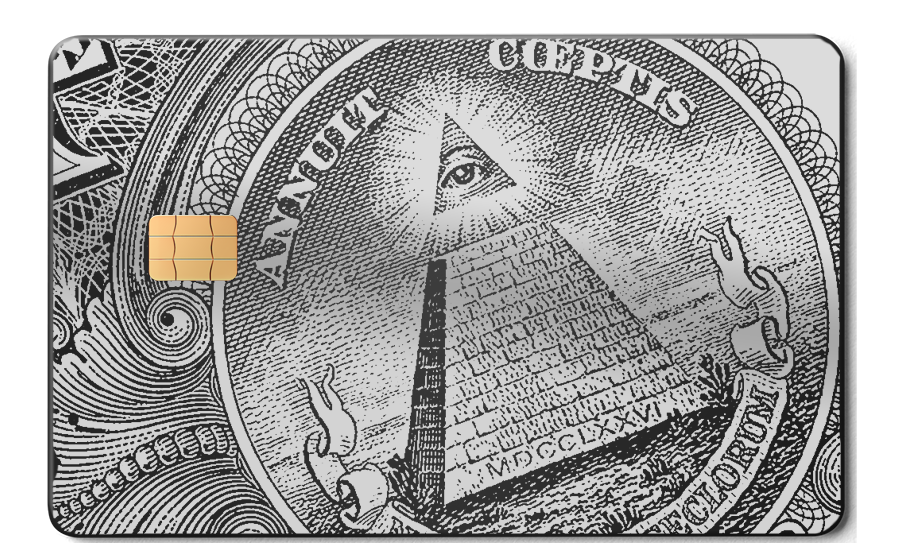 Black metal card featuring pyramid and all-seeing eye dollar bill design with chip